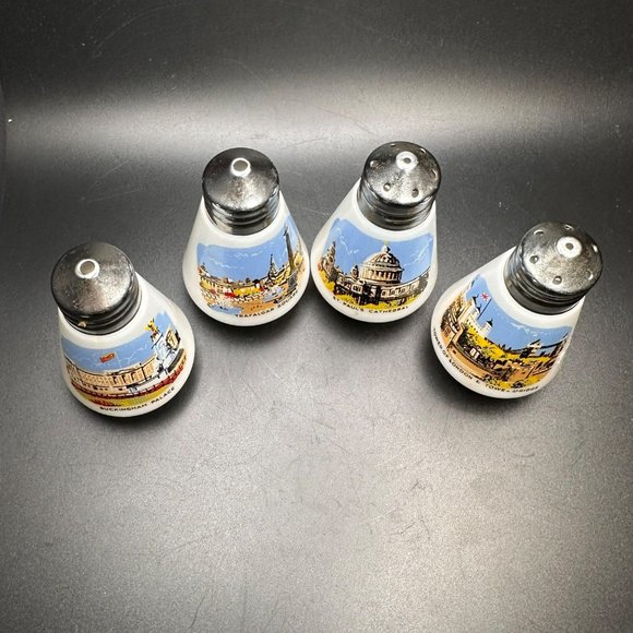 Vintage London-Themed Ceramic Salt & Pepper Shakers Set Of 4 With Chrome Tops - Picture 3 of 4